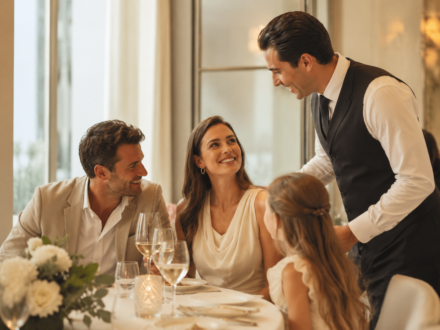 Friendly hospitality service with guests gathered around a table